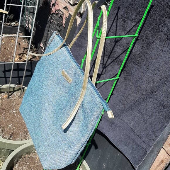 LANCOME  Turquoise/Gold Shoulder Tote Bag LARGE 19"X 16” Adjustable/Lined Logo - Picture 9 of 9